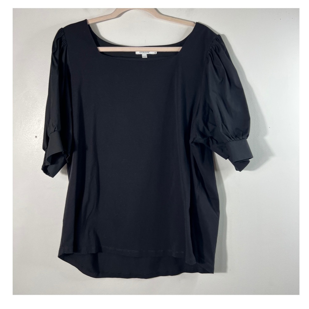 Chicos Puff Sleeve Top Black 2XL Cotton Spandex Cotton Nylon